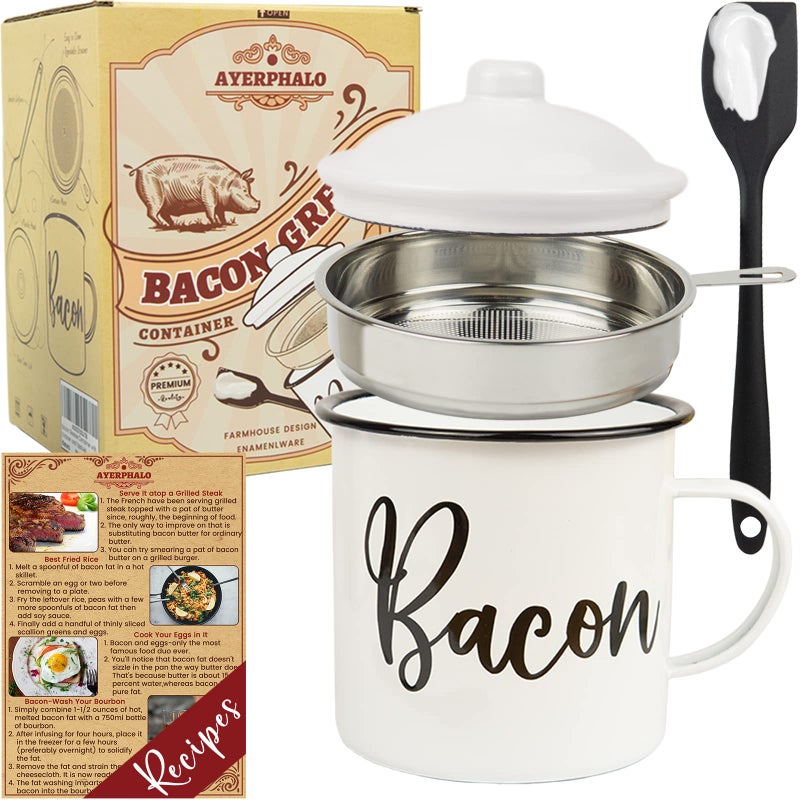 Ayerphalo Bacon Grease Container with Strainer - With Food-Grade Silicone Spatula  46oz Large Enamel Rustic Farmhouse Fat Container  Keeper  Recipes  Dishwasher Safe - Image 1
